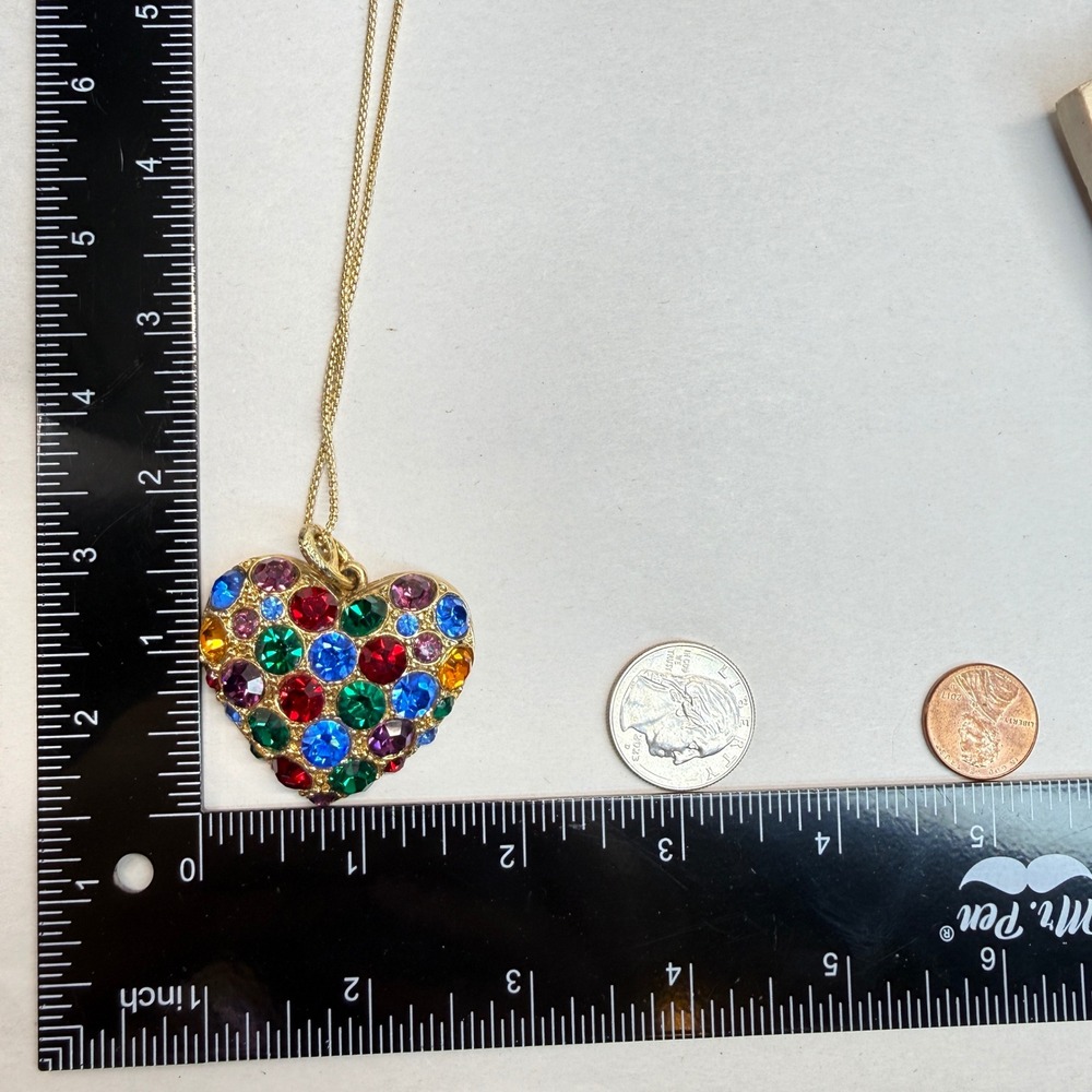 Rainbow Rhinestone Puffy Heart Necklace Vintage Gold Tone Long Chunky - Picture 7 of 8